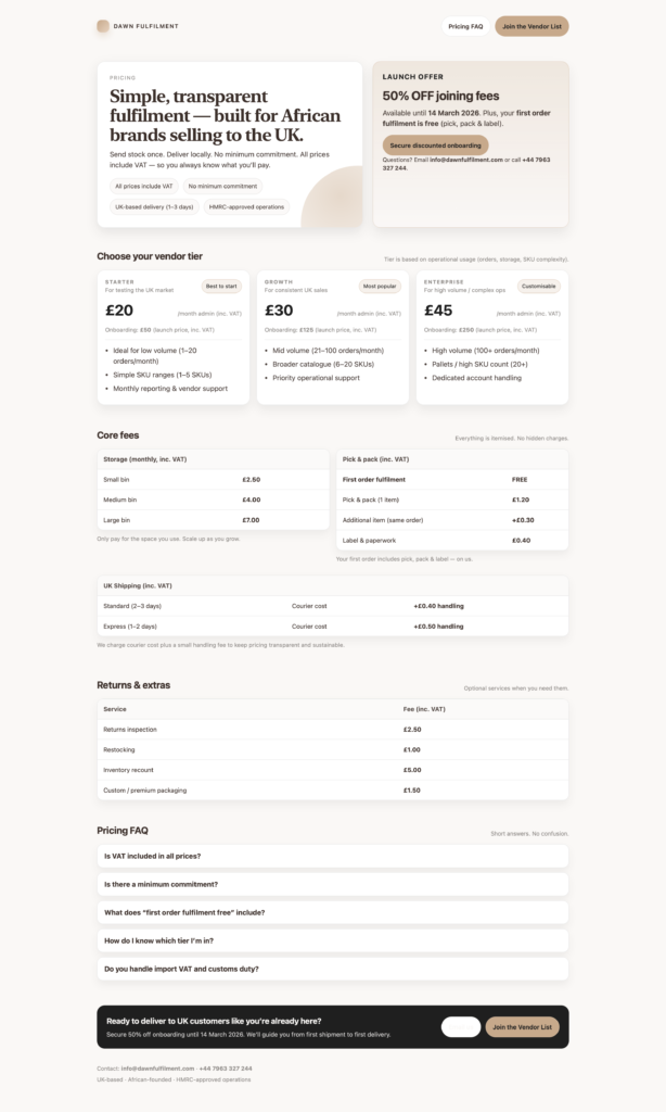 dawn fulfilment pricing